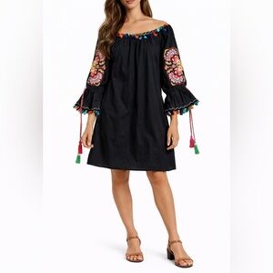 Velzera Black Top with Multicolor Embroidery and Tassels